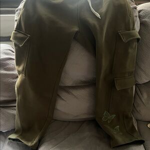 Olive Cargo Pants with Butterfly Embroidery